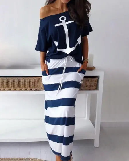 T-Shirt & Striped Skirt Combo with Boat Anchor Print