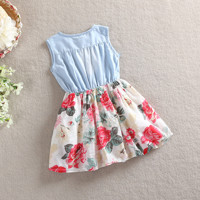 Vestido floral con empalme de mezclilla suave para bebé / niño pequeño