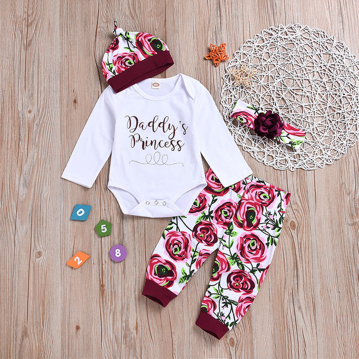 4-piece Letter Bodysuit Rose Print Pants Hat and Headband for Baby Girl