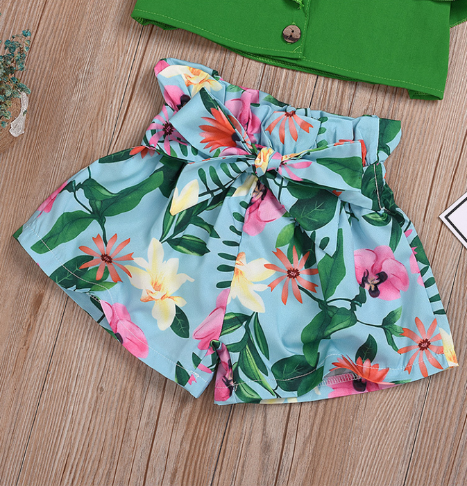 Baby Solid Strappy Ruffle-sleeve Top and Floral Shorts Set