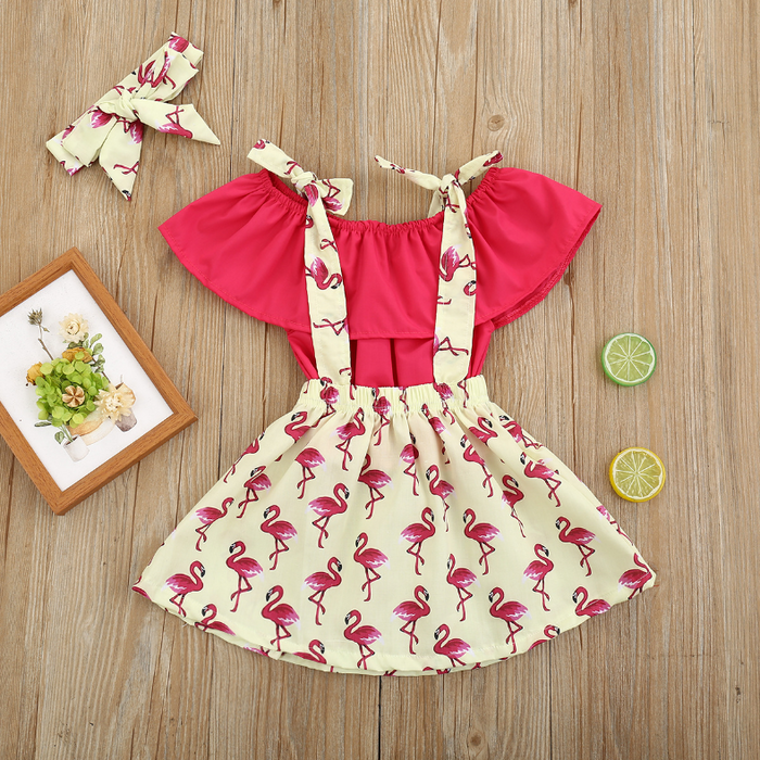 3PCS Baby Girl Flamingo Printed Solid Skirt Set