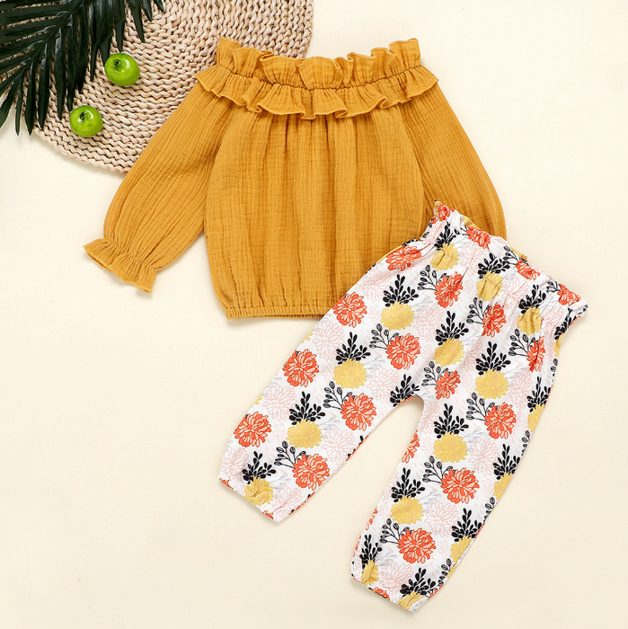 2PCS Ruffle Sleeve Top and Floral Printed Pants Set
