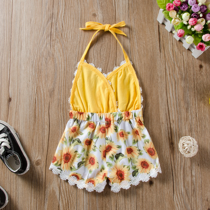 Baby Girl Lace Trim Backless Sunflower or Pineapple Print Rompe