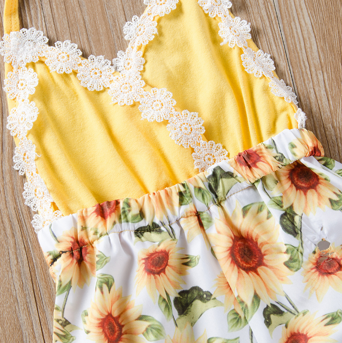 Baby Girl Lace Trim Backless Sunflower or Pineapple Print Rompe