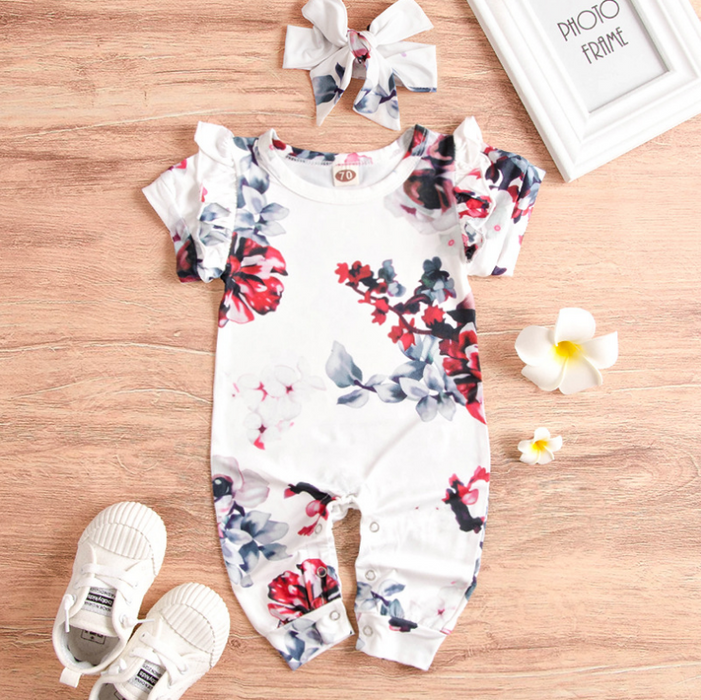 Lovely Floral Print Jumpsuit with Headband
