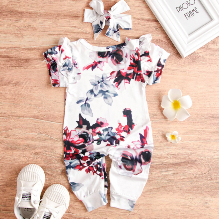 Lovely Floral Print Jumpsuit with Headband