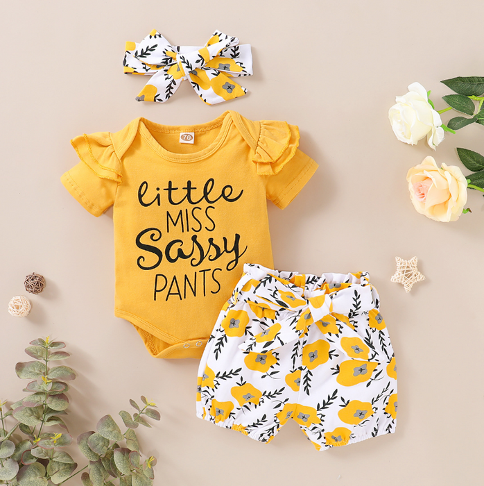"Little Miss Sassy Pants" White Sunflower Printed Baby Set