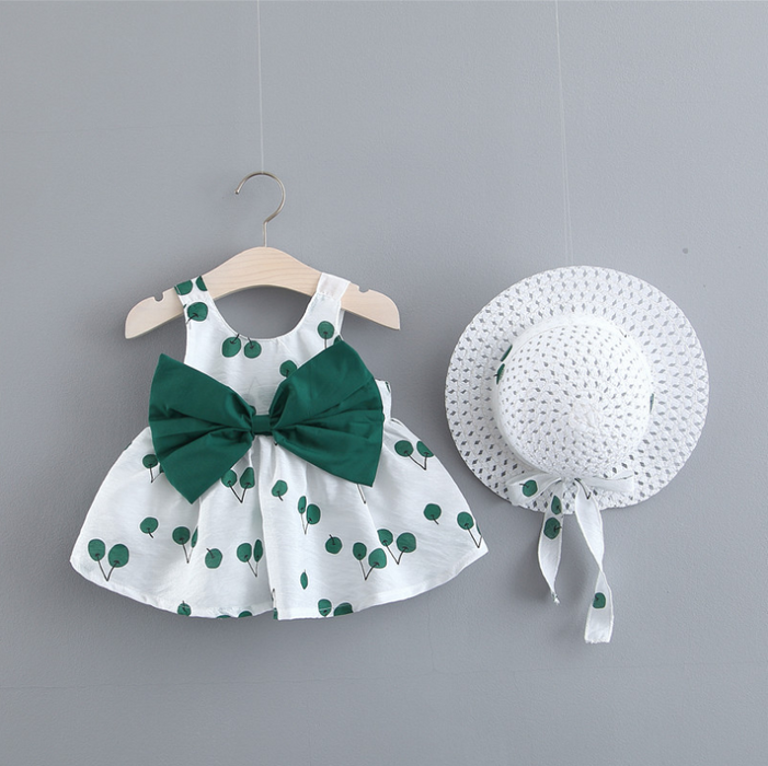 Conjunto de vestido y sombrero decorativo con lazo integral, fruta, manzana y cereza, para bebé/niño pequeño, 2 piezas