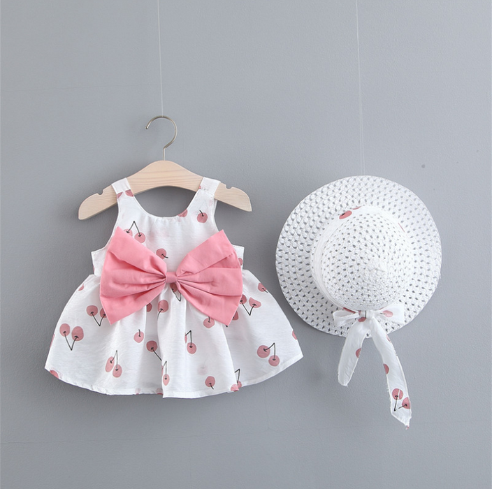 Conjunto de vestido y sombrero decorativo con lazo integral, fruta, manzana y cereza, para bebé/niño pequeño, 2 piezas