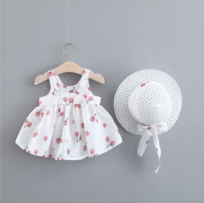 2-piece Baby / Toddler Fruit Apple Cherry Allover Bow Decorative Dress and Hat Set