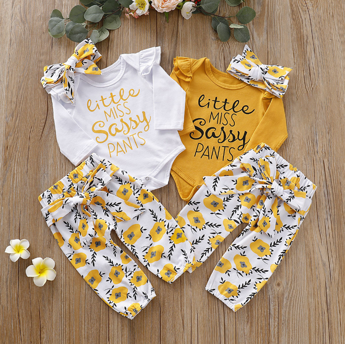 3-delig babymeisje LITTLE MISS SASSY PANTS Set met print bodysuit en bloemenbroek met riem en hoofdband