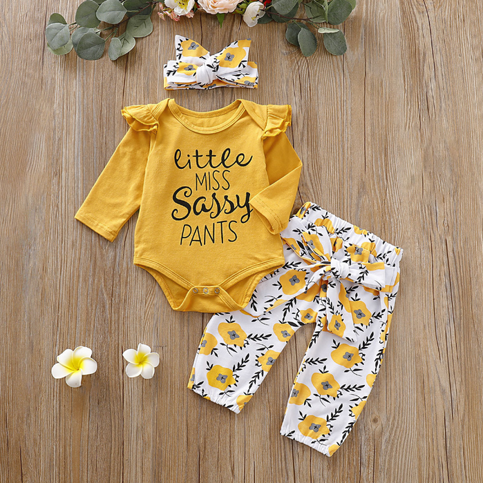3-piece Baby Girl LITTLE MISS SASSY PANTS Print Bodysuit and Floral Belted Pants with Headband Set