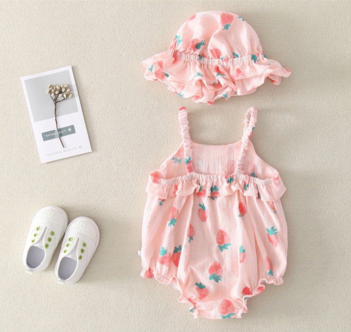 Cute Baby's  Fruit Print Bodysuit with Hat