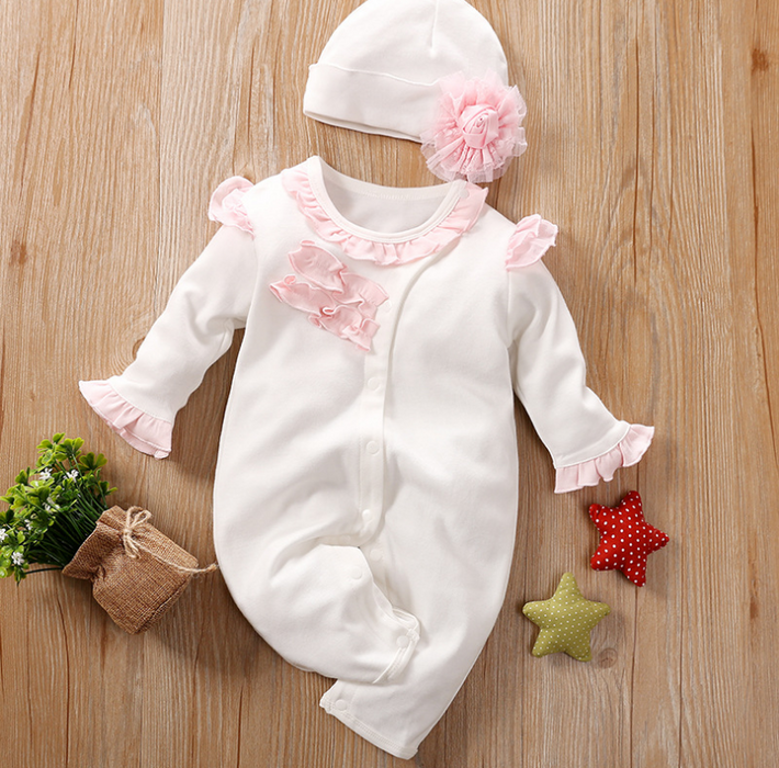 Cute Ruffle Long Sleeves Jumpsuit and Hat for Baby Girl