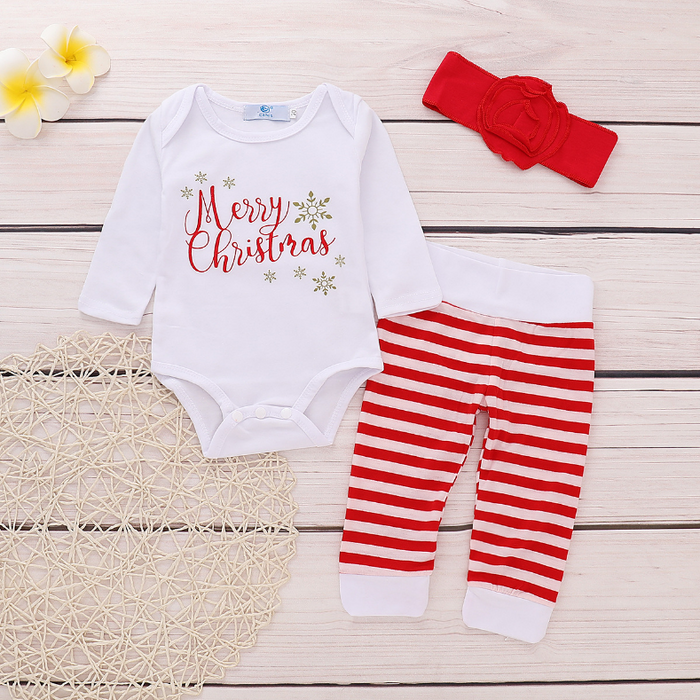 3-piece Baby Christmas Long-sleeve Bodysuit and Stripe Pants with Headband Set