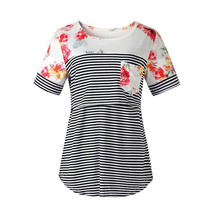 Camiseta de lactancia a rayas y flores de moda