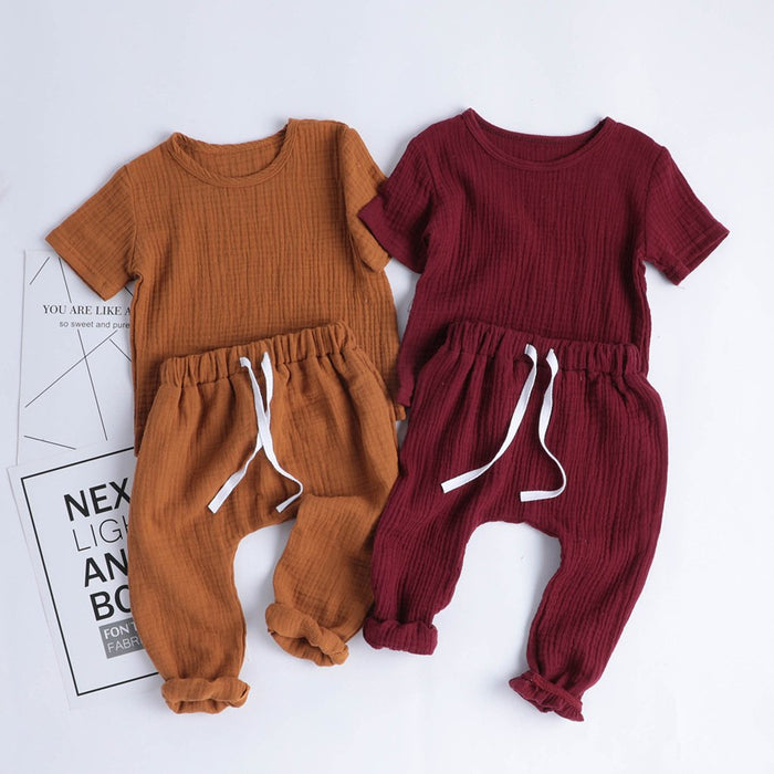 Conjuntos de pantalones y top de lino de manga corta para bebés y niños pequeños