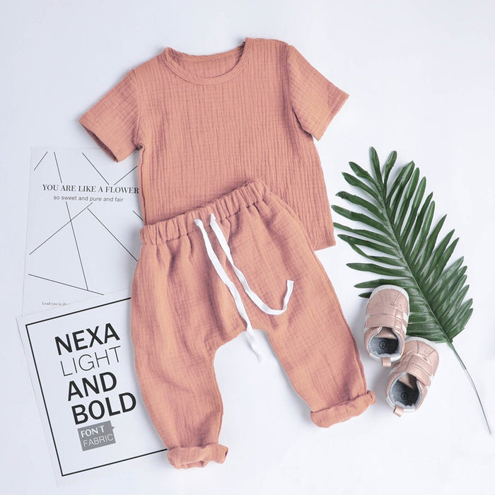 Baby / Toddler Solid Short-sleeve Linen Top and Pants Sets