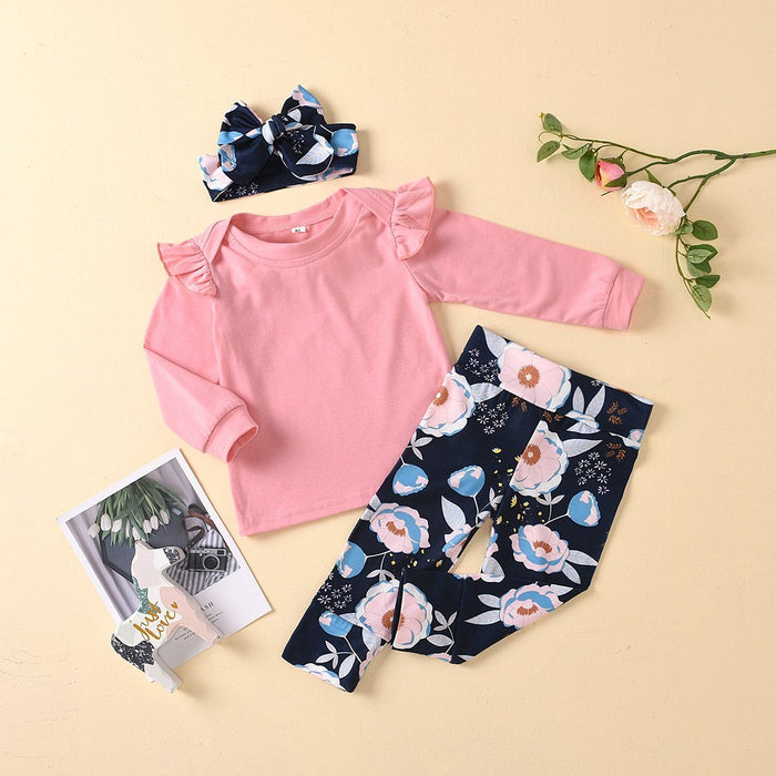 2-piece Ruffle pink Romper and Floral Pants Set