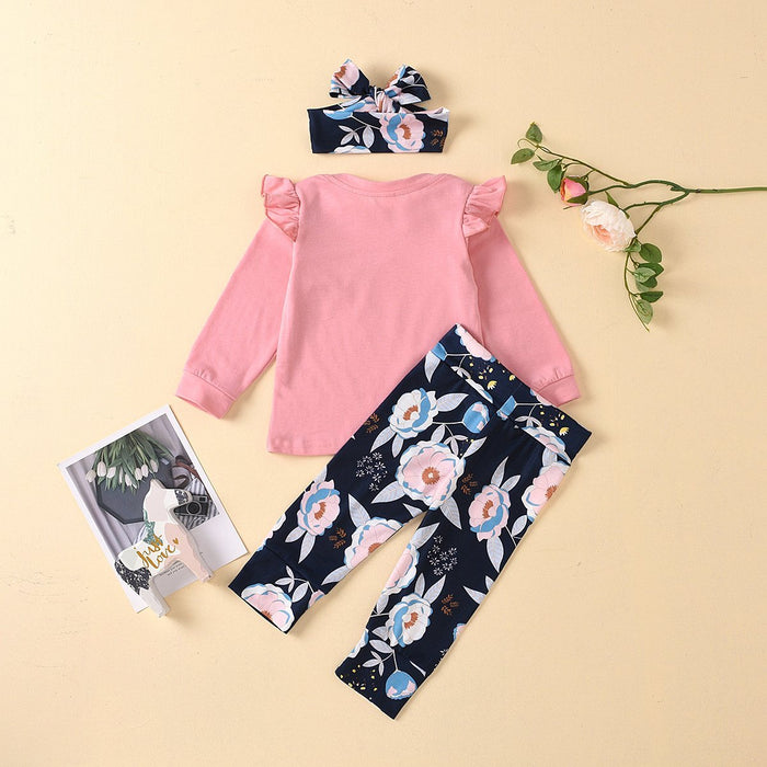 2-piece Ruffle pink Romper and Floral Pants Set