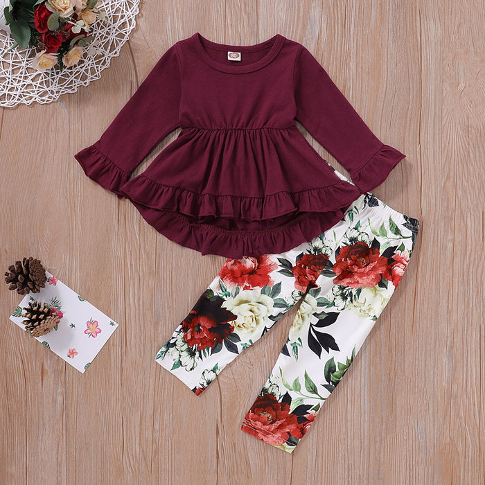 2-piece Ruffle Crimson Romper and Floral Pants