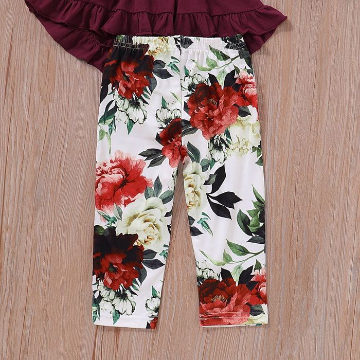 2-piece Ruffle Crimson Romper and Floral Pants