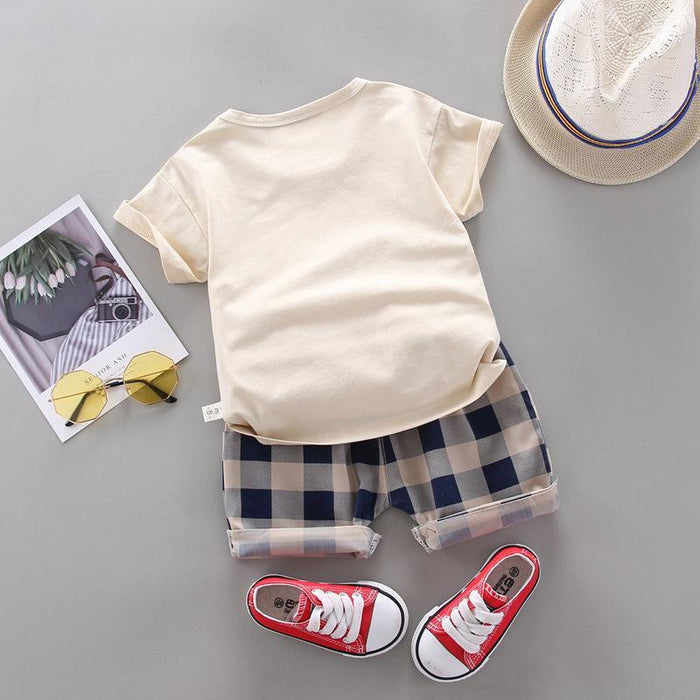 Baby Boy Trendy Cartoon Lion Top and Plaid Shorts Set (No Shoes,No Hat )