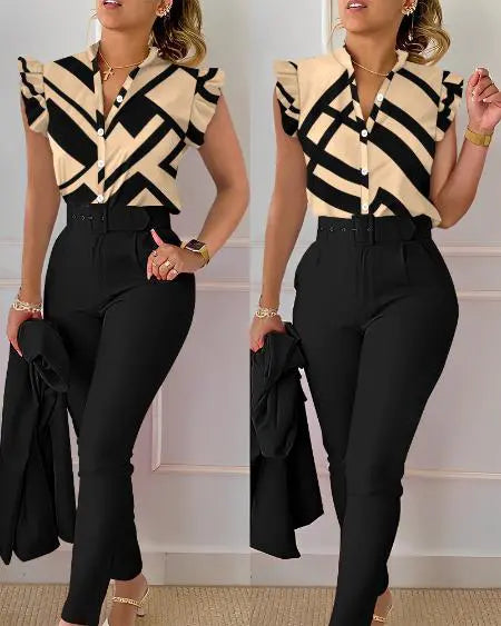 Flutter Sleeve Top & Pants Set with Geometric Print and Belt