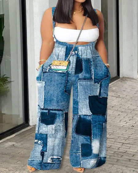 Plus size jumpsuit met denimlook en wijde pijpen 