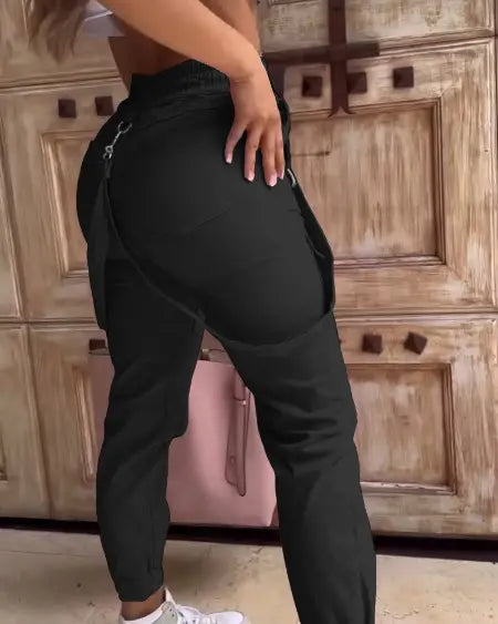 Suspender Pants with Pocket Design & Cuffed Detail