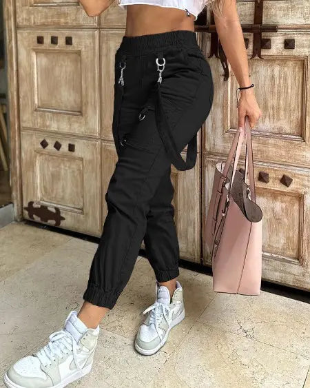 Suspender Pants with Pocket Design & Cuffed Detail