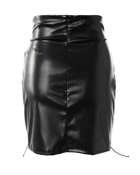 High-Waisted Skirt with PU Leather and Eyelet Lace-Up