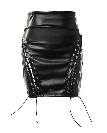 High-Waisted Skirt with PU Leather and Eyelet Lace-Up