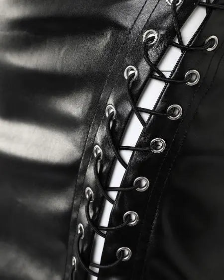 High-Waisted Skirt with PU Leather and Eyelet Lace-Up