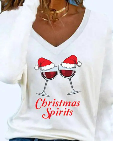 Top met lange mouwen en wijnglasprint 'Merry Christmas' 