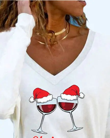Long Sleeve Top with "Merry Christmas" Wine Glass Print