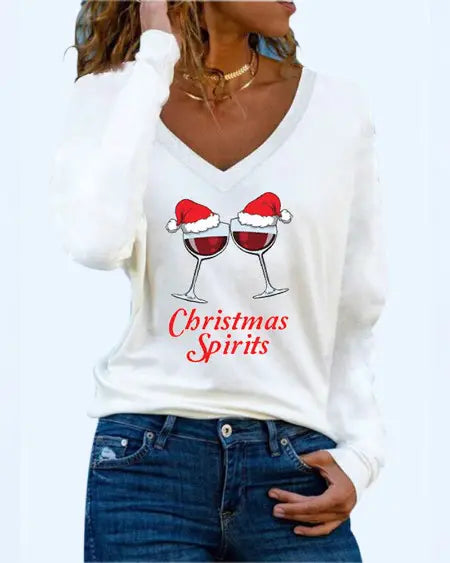 Long Sleeve Top with "Merry Christmas" Wine Glass Print