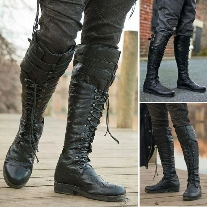 Botas hasta la rodilla de estilo medieval para hombre - Zapatos resistentes con cordones y correa cruzada para cada temporada 