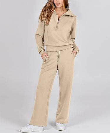 Women's Luxe 2-Piece Sweatsuit - Oversized Half-Zip Sweatshirt & Wide-Leg Lounge Pants - Classic Colors