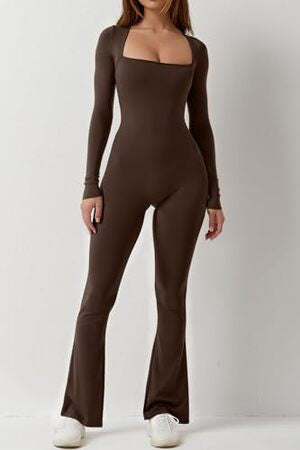 Elegante jumpsuit met wijde pijpen en lange mouwen voor dames: romper met vierkante hals over de volledige lengte 
