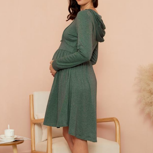 Maternidad Escote en V Color liso Hasta la rodilla Un vestido de manga larga