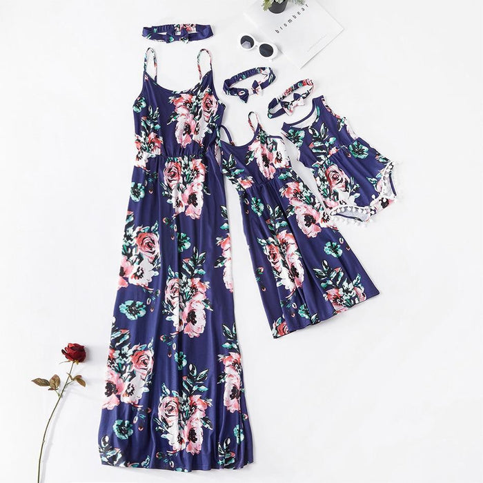 Dark Blue Printed Matching Dresses