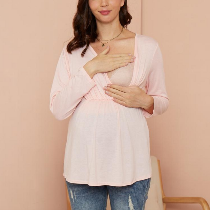 Camiseta de lactancia de manga larga lisa con cuello en V de maternidad