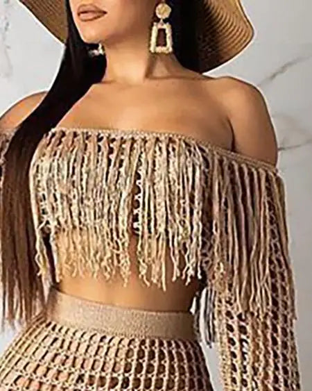 Crochet Beachwear: Mesh Top Skirt & Tassel Sets