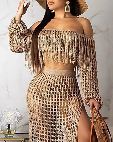 Crochet Beachwear: Mesh Top Skirt & Tassel Sets