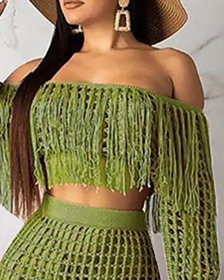 Crochet Beachwear: Mesh Top Skirt & Tassel Sets