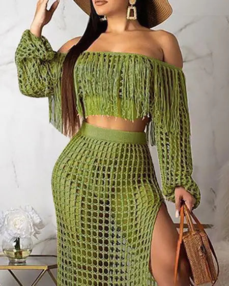 Crochet Beachwear: Mesh Top Skirt & Tassel Sets