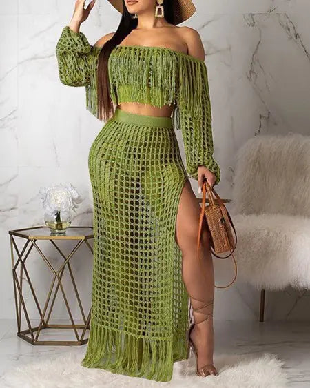 Crochet Beachwear: Mesh Top Skirt & Tassel Sets