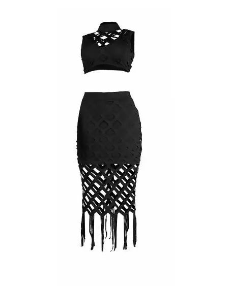 Plus Size Hollow-Out Crop Top & Skirt Set with Tassel Trim