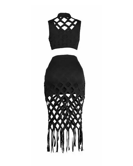 Plus Size Hollow-Out Crop Top & Skirt Set with Tassel Trim
